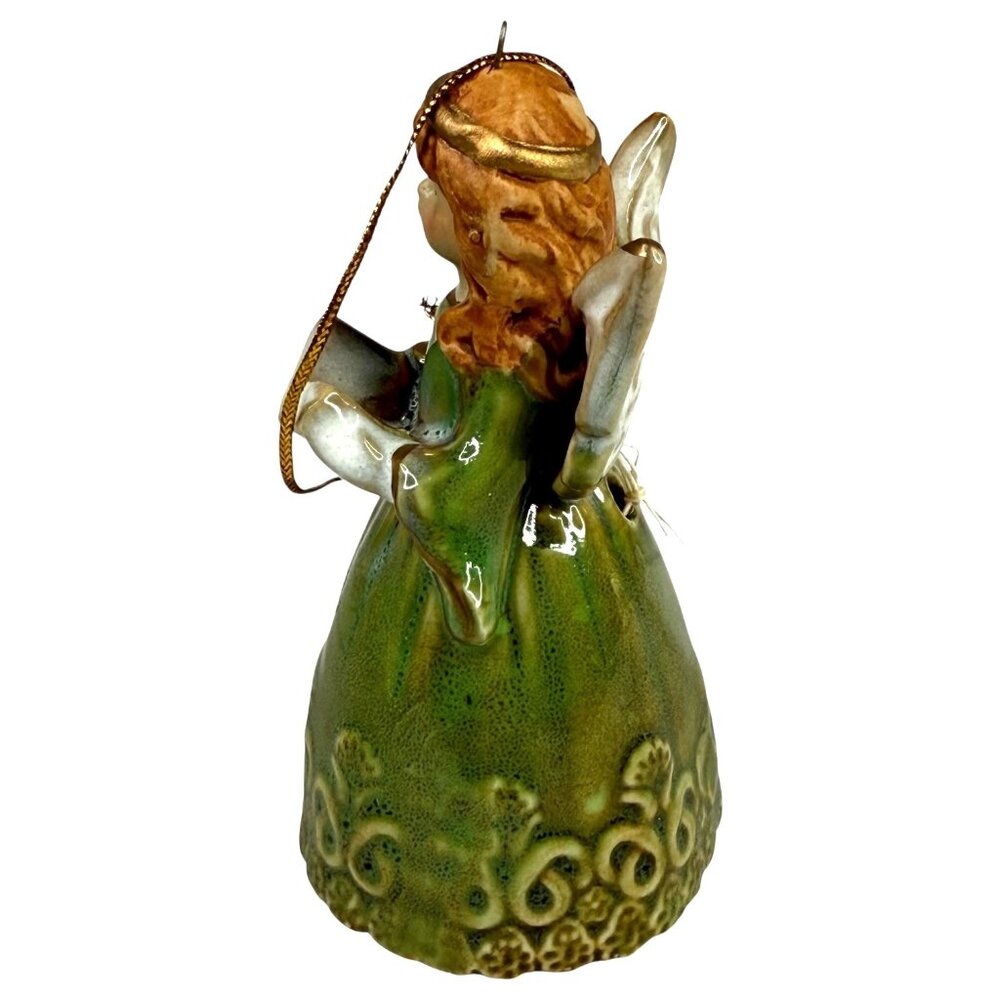 Ceramic Angel Bell figurine Christmas Ornament Green Dress Gold Accents VTG - Picture 7 of 7